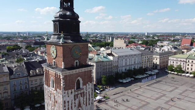 The Cloth Hall (Sukiennice) Market and St. Mary's Basilica (Bazylika Mariacka) in the City Centre of Krakow, Poland, a Polish cultural capital with renaissance architecture - 4K 30FPS Rotating Left