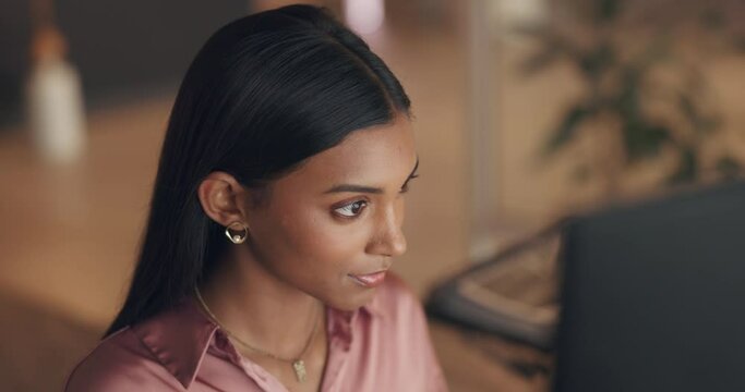 Administration, management and focus business woman on her computer working in corporate company office building. Motivation, mindset and goals with young professional consultant employee