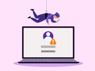 Flat illustration. Hacker identity theft concept. Crime, spam, spyware that unlocks computer security. can access the account code.