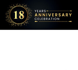 18 years anniversary celebration with gold fireworks and circle frames on black background. Premium design for weddings, greetings card, happy birthday, poster, graduation, invitation card, banner.