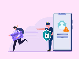 Flat illustration. Hacker identity theft concept. Crime, spam, spyware that unlocks computer security. can access the account code.