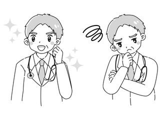 ときめきの表情と困っている表情のシニア男性医師　イラストセット