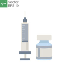 Vaccine icon. Coronavirus Vaccination bottle and injection. Medical Drug Ampoule clinic laboratory symbol.  Flat design style medical pictogram. Vector illustration. Design on white background. EPS 10