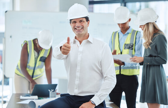 Thumbs Up, Like Or Success Emoji Of Engineer, Architect Or Business Manager Strategy Planning Or Team Collaboration Project. Trust Portrait Of A Construction Worker And Planner With Finger Hand Icon