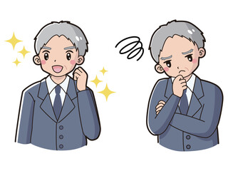 ときめきの表情と困っている表情のスーツを着たシニア男性　イラストセット