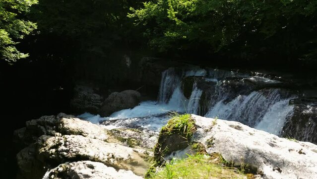 Scenic Waterfalls In Martvili Canyon National Park Near Gachedili Village In Georgia. Aerial Approaching