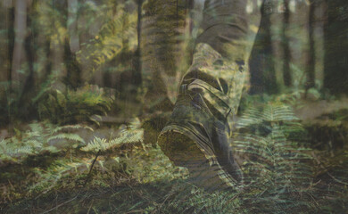 foot steps in the woods, double exposure photo