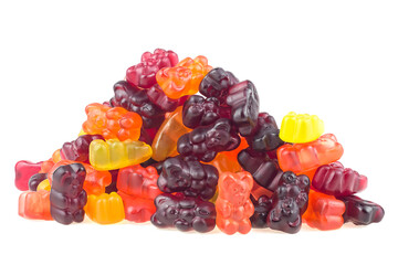 Pile of multicolored jelly bear candies isolated on a white background. Jelly sweets.