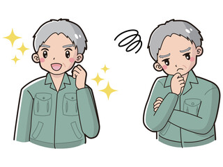 ときめきの表情と困っている表情の作業着を着たシニア男性　イラストセット