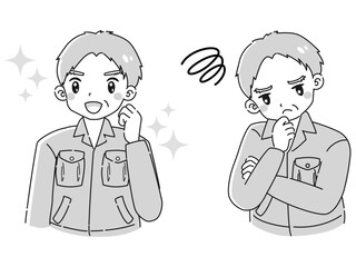 ときめきの表情と困っている表情の作業着を着たシニア男性　イラストセット