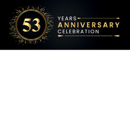 53 years anniversary celebration with gold fireworks and circle frames on black background. Premium design for weddings, greetings card, happy birthday, poster, graduation, invitation card, banner.