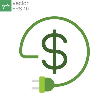 Flat Design Style Eco energy cost save money icon. Energy reduction cost Dollar Power Efficiency. Adapter cable charger  dollar for green economy. vector illustration design on white background EPS 10