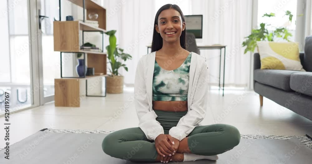 Poster Yoga, fitness and exercise with a woman training with a workout in her home for health and wellness. Healthy, zen and meditation with a young female athlete sitting on a mat in the living room