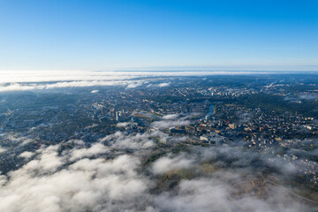 Aerial autumn beautiful fog view of Vilnius, Lithuania