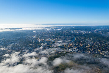 Obraz premium Aerial autumn beautiful fog view of Vilnius, Lithuania