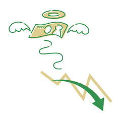 お金（紙幣）と折れ線グラフが下降するイメージ（投資・貯金・資産運用）