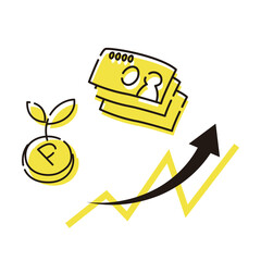 ポイント（P）お金と折れ線グラフが上昇するイメージ（投資・貯金・資産運用）