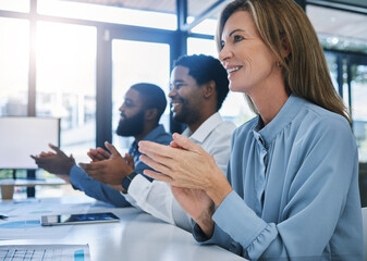 Applause, success and celebration of business people in a meeting clapping hands for company growth and goal. Happy team of employee excited and in support of corporate strategy, target and teamwork