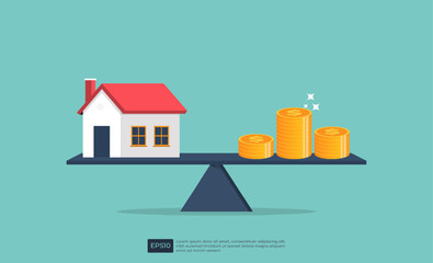 House and coin equilibrium on seesaw. Real estate business mortgage investment and financial loan concept. real estate property vector illustration - obrazy, fototapety, plakaty