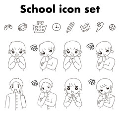 子どもたち（学生・幼児）と学校にまつわる物のイラストセット