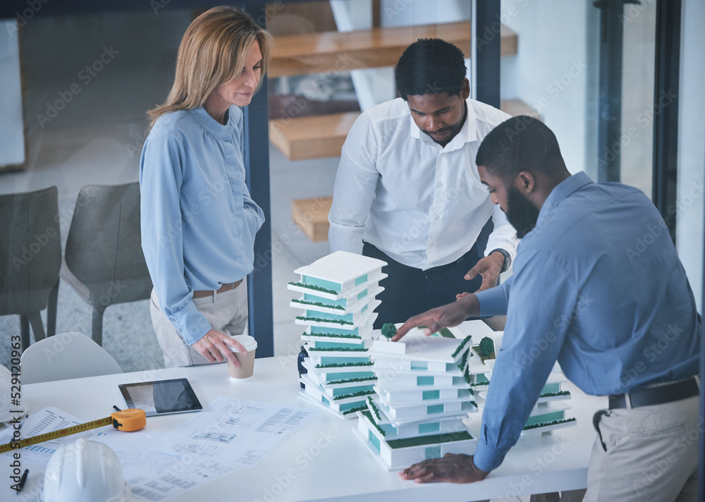 Aufkleber Architecture, collaboration and planning with an architect, engineer and builder meeting and discussing 3d building design or model. Teamwork and design by men and woman planning construction project