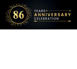 86 years anniversary celebration with gold fireworks and circle frames on black background. Premium design for weddings, greetings card, happy birthday, poster, graduation, invitation card, banner.