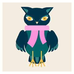 Vector drawing of an owl in a pink scarf