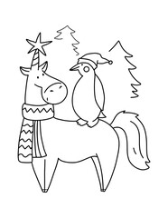 Christmas coloring book page. Unicorn with penguin coloring book page.