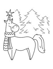 Funny unicorn coloring page. Winter horse illustration.