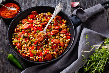 Hoppin John of black-eyed peas, veggies, sausages
