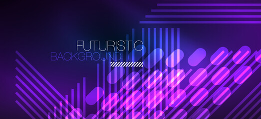 Background neon glowing lines and geometric shapes. Lights in the dark wallpaper for concept of AI technology, blockchain, digital, communication, 5G, science