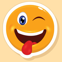 Sticker Style Tongue Out And Winking Eye Cartoon Emoji Yellow Background.