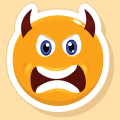 Isolated Devil Face Cartoon Emoji Sticker On Yellow Background.