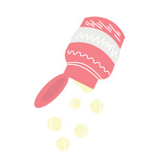 Bottle with pouring pills on white background