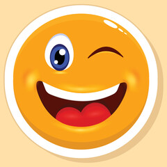 Fototapeta premium Sticker Style Winking Eye Cartoon Circle Face Emoji Yellow Background.
