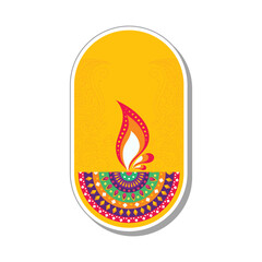 Sticker Style Colorful Floral Diya (Oil Lamp) Burning On Oval Yellow Background.