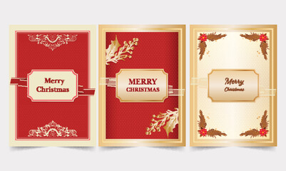 Set Of Merry Christmas Celebration Greeting Card In Red And Golden Color.