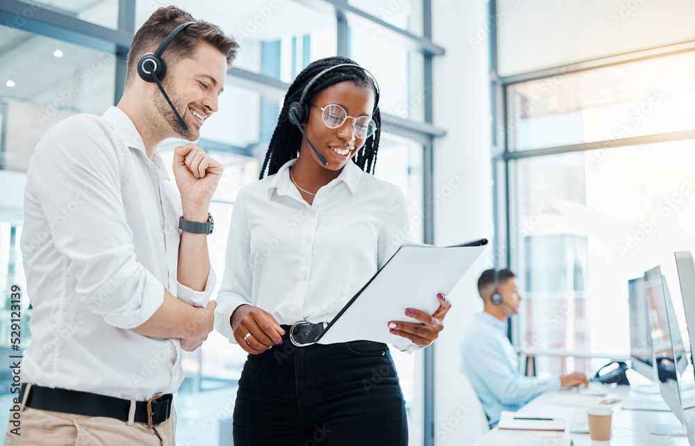 Poster Call center, telemarketing and about us CRM consultants reading faq and qa training manual in a modern office. Collaboration, teamwork and diversity with man and woman at a customer support agency