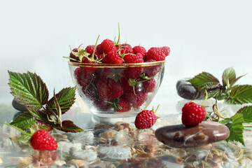  Fresh vitamin berry on the table: ripe raspberries in a glass bowl among scattered berries, branches and sea pebbles on a light background
