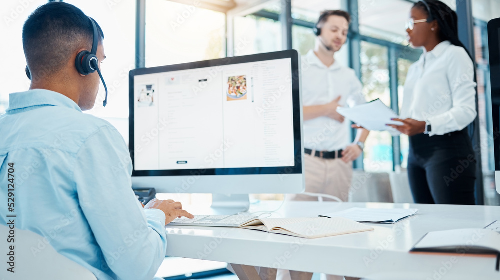 Poster call center worker talking to people on computer, help with consultant at telemarketing company and 