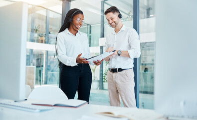 Sales marketing, call centre and team training discussion about customer service pitch. Headset operator conversation with a colleague about client communication and consultation script.