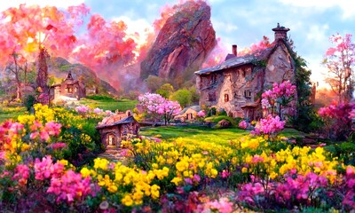 A cozy stone village hous on a grass field. Rural beautiful landscape with flowers and trees. Digital painting illustration.
