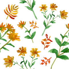 Watercolor autumn yellow garden flowers in seamless pattern on white background. Hand drawn illustration rudbeckia. Design for textile, packaging, season decor and background. Fabric template.