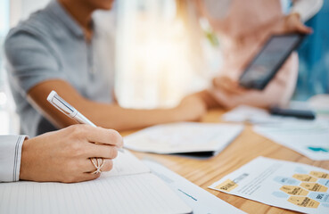 Hand, writing and notebook with a business woman in a meeting for planning, strategy and growth....