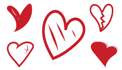 PNG. Hearts sketch set. Various different hand drawn heart icon love collection isolated on transparent background. Red heart symbol for Valentines Day.
