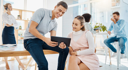 Fototapeta premium Creative, team collaboration with designer partner working on a tablet for web design or logo in an office. Happy employee showing digital graphic or illustration, smiling and excited about project