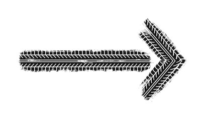 Auto tire tread grunge arrow. Car and motorcycle tire pattern, wheel tyre tread track. Direction arrow. Black tyre print. Vector illustration isolated on white background.