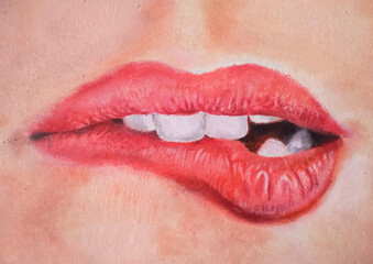 Obraz premium close up of lips painting. Oil painting, fashion, beauty