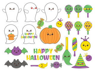 Halloween kawaii clipart and sticker collection. Cute Kawaii Halloween Character set. Halloween character set in cartoon comic style. Vector set of Cute Kawaii Halloween Character.