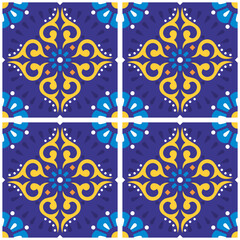 Seamless vector decorative tiles pattern with flowers and swirls, design inspied by Mexican talavera style
